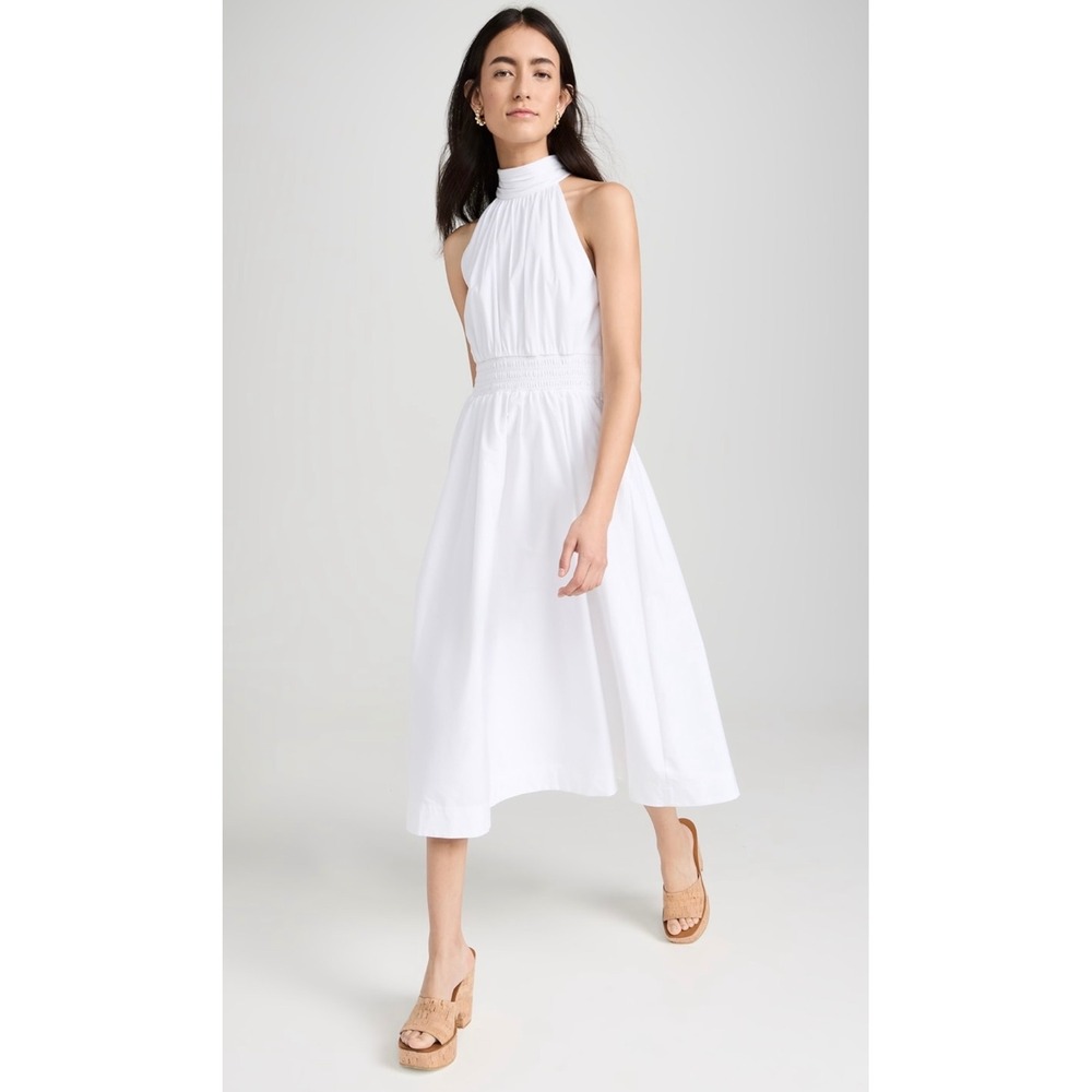 NWT‎ Veronica Beard Kinny Midi Dress Size 6 White Cotton Poplin Halter Smocked